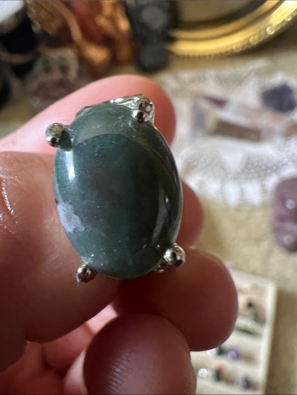 Moss Agate Oval Stone Silver Ring - Size 8